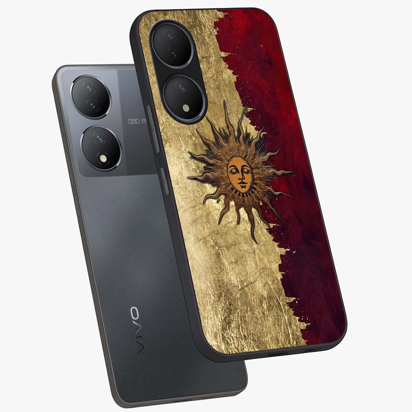 Crimson Sun Majesty Glass Case displayed in angled mockup highlighting majestic crimson sun design with bold aesthetic style.