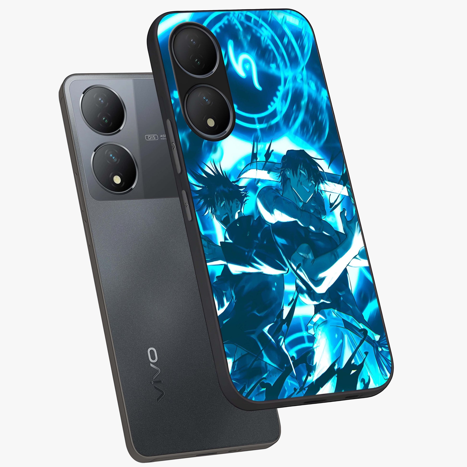 Cursed Energy Clash Glass Case displayed in angled mockup highlighting powerful battle inspired graphic with anime style aesthetic.