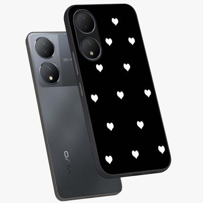 Cute And Simple White Hearts Glass Case displayed in angled mockup highlighting cute heart design with clean aesthetic style.
