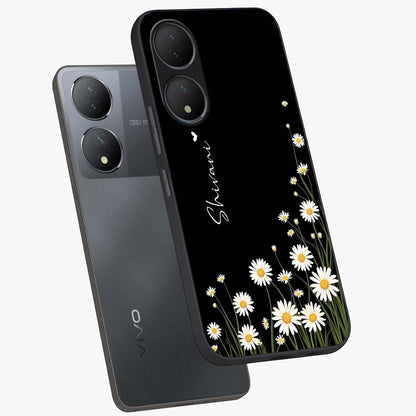 Daisy Cascade Custom Name Glass Case displayed in angled mockup highlighting delicate daisy artwork with custom name feature.