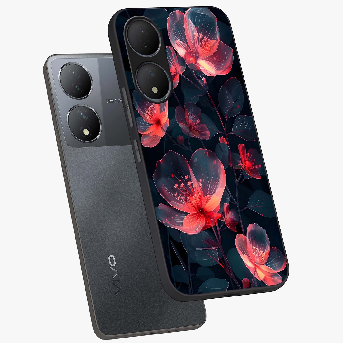 Dark Shade of Flower Glass Case displayed in angled mockup highlighting moody floral illustration with aesthetic dark tones.