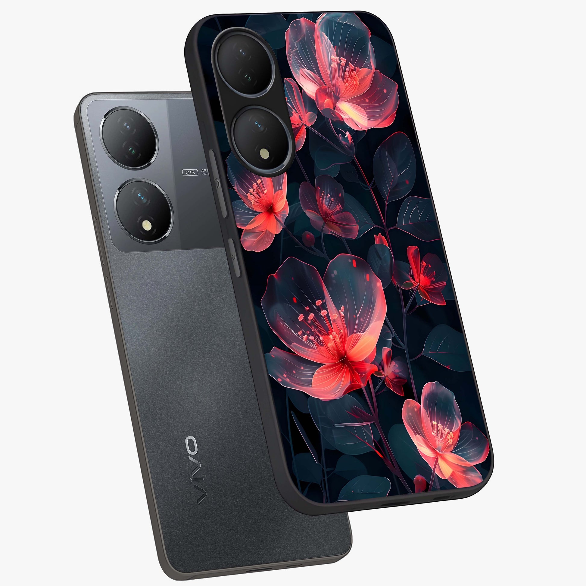 Dark Shade of Flower Glass Case displayed in angled mockup highlighting moody floral illustration with aesthetic dark tones.