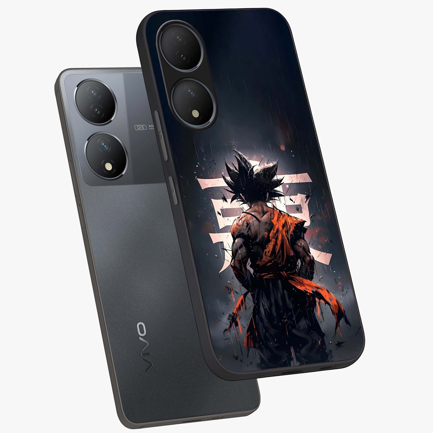 Dark Warrior In Rain Glass Case displayed in angled mockup highlighting dramatic warrior illustration with dark rain aesthetic.