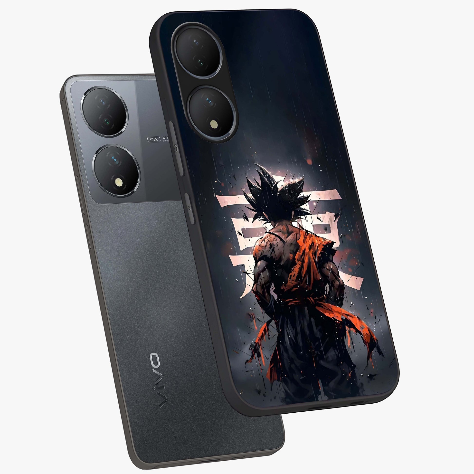 Dark Warrior In Rain Glass Case displayed in angled mockup highlighting dramatic warrior illustration with dark rain aesthetic.