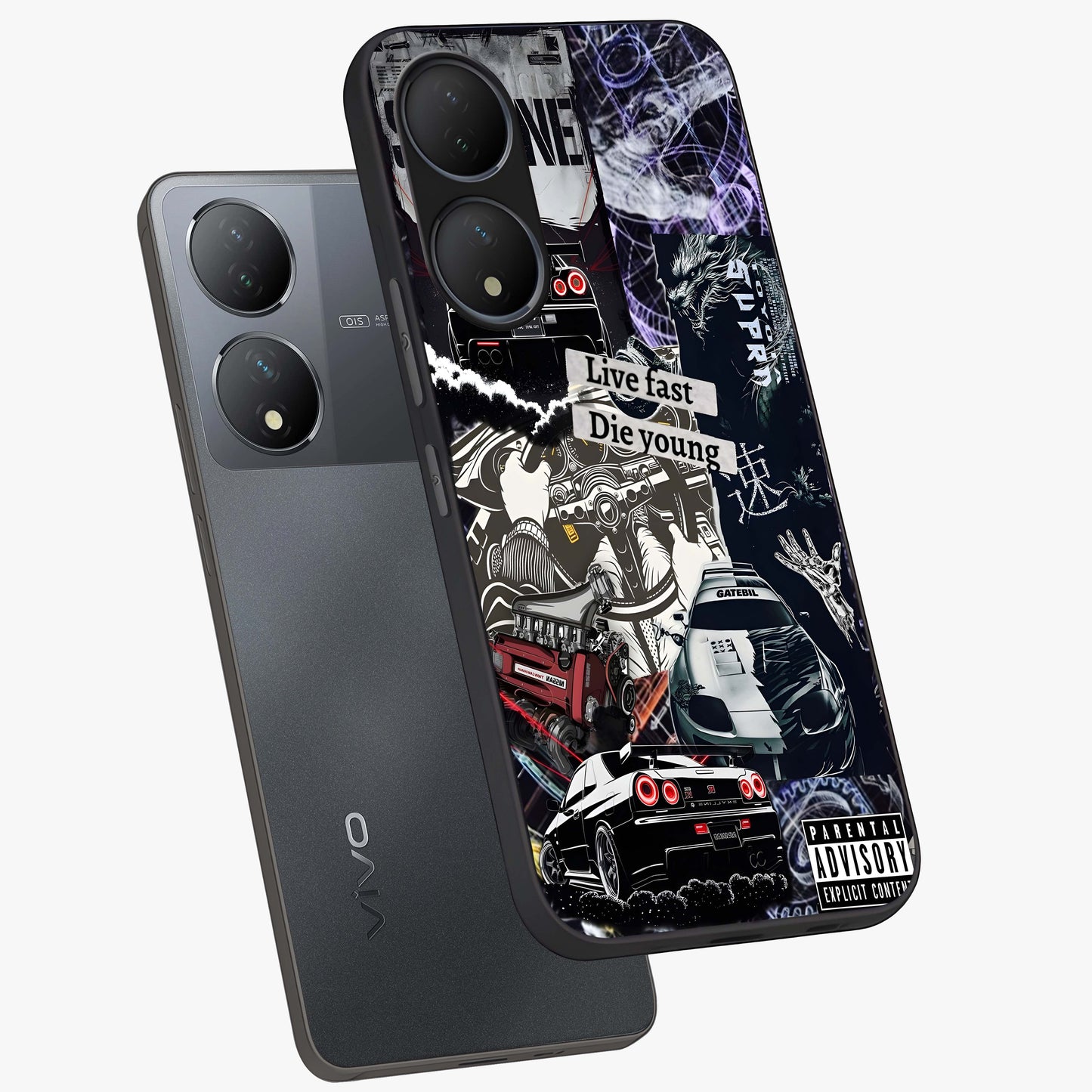 Die Young Glass Case displayed in angled mockup highlighting expressive graphic artwork with edgy aesthetic style.