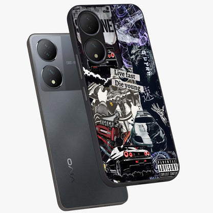 Die Young Glass Case displayed in angled mockup highlighting expressive graphic artwork with edgy aesthetic style.