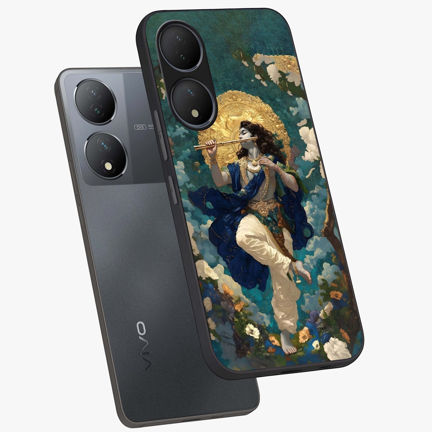 Divine Krishna Art Glass Case displayed in angled mockup highlighting spiritual Krishna illustration with devotional aesthetic.
