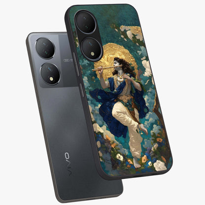 Divine Krishna Art Glass Case displayed in angled mockup highlighting spiritual Krishna illustration with devotional aesthetic.