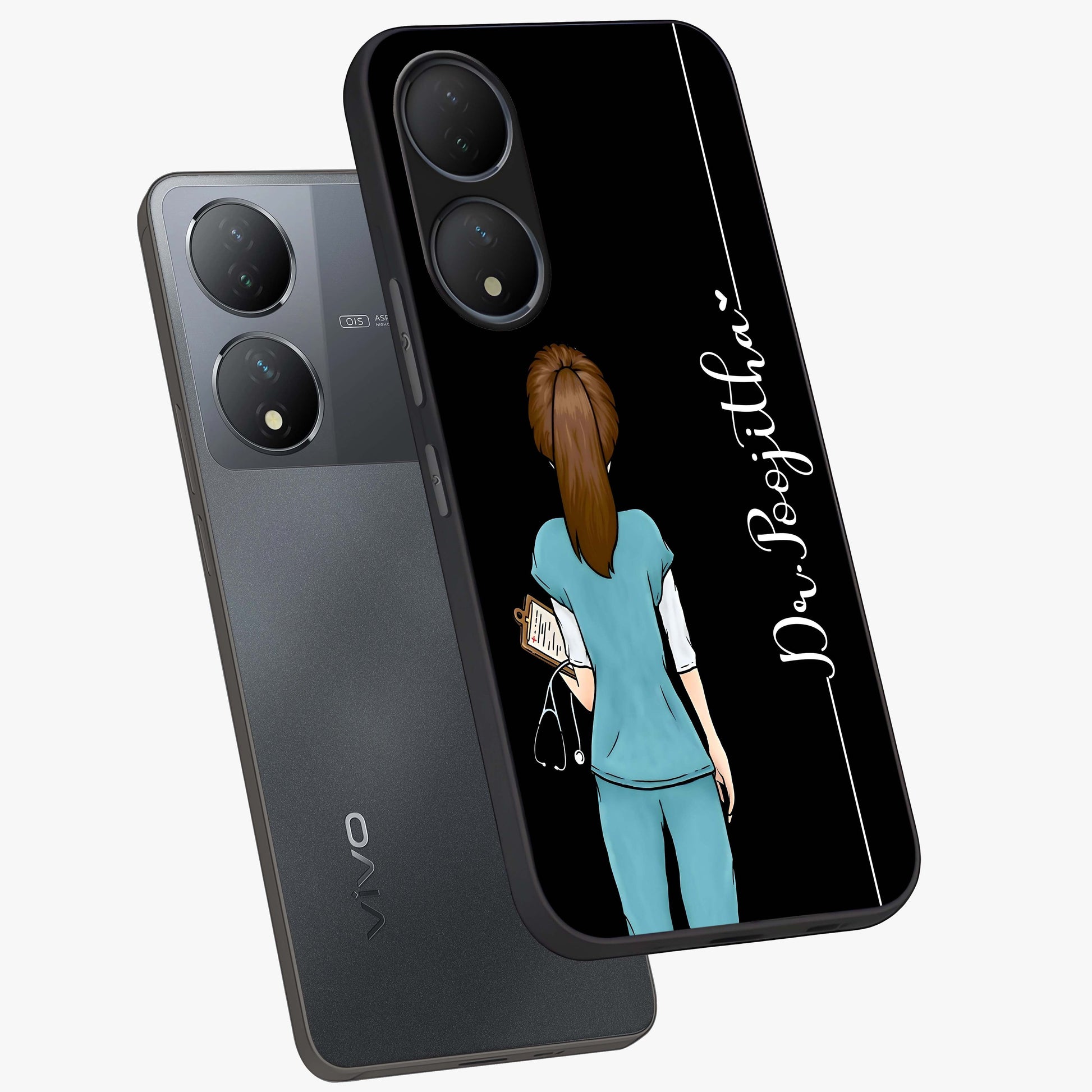 Doctor Pattern Custom Name Glass Case displayed in angled mockup highlighting doctor inspired artwork with custom name feature.