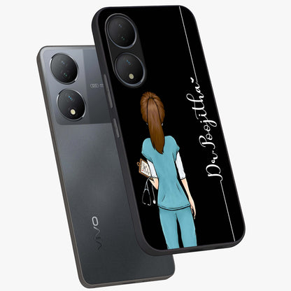 Doctor Pattern Custom Name Glass Case displayed in angled mockup highlighting doctor inspired artwork with custom name feature.