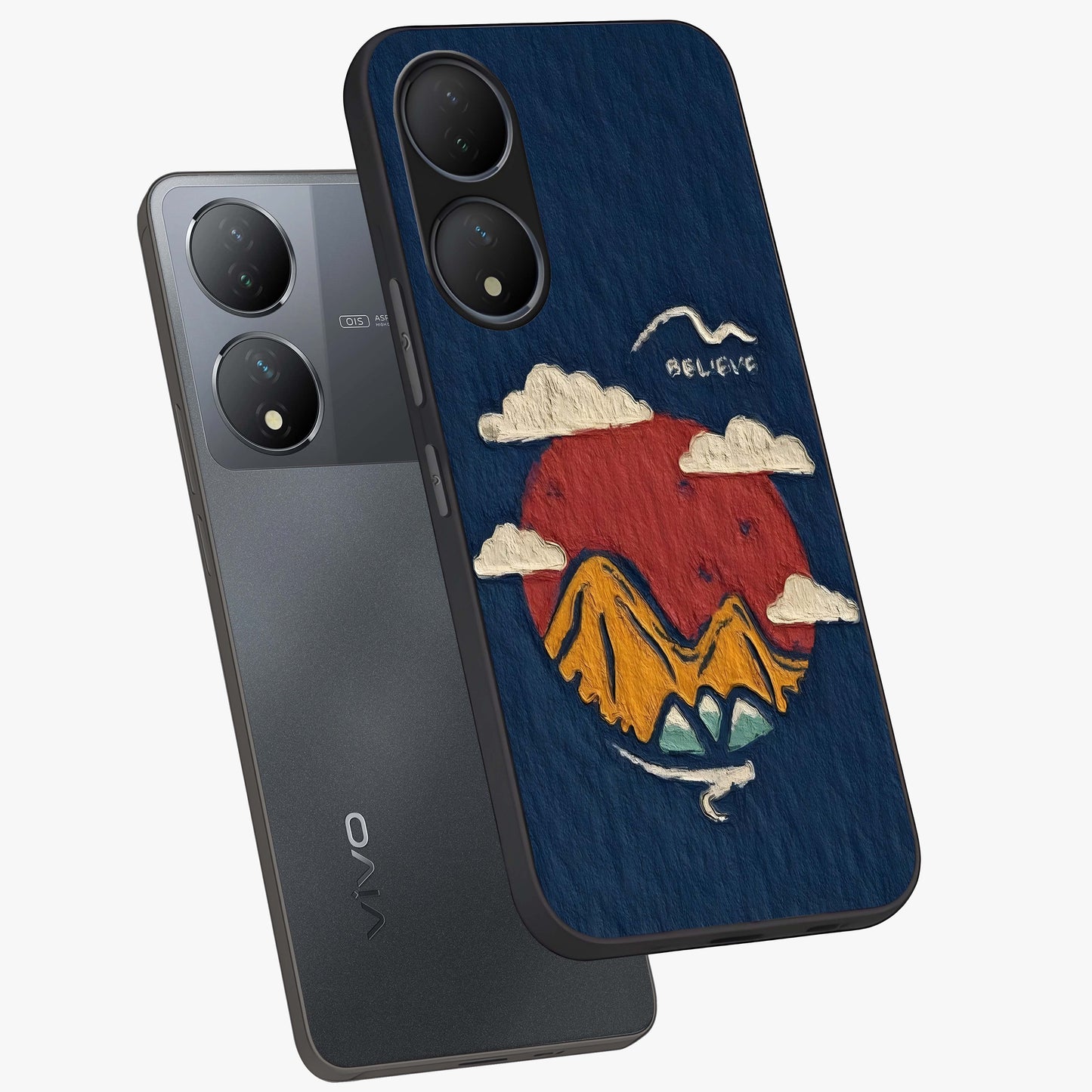 Dream Beyond Mountains Glass Case displayed in angled mockup highlighting dreamy mountain illustration with peaceful aesthetic.