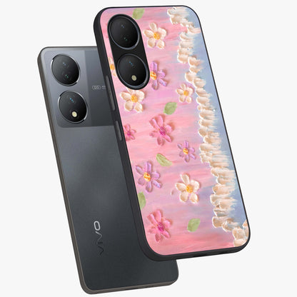Dreamy Painted Garden Glass Case displayed in angled mockup highlighting colorful garden illustration with dreamy aesthetic style.