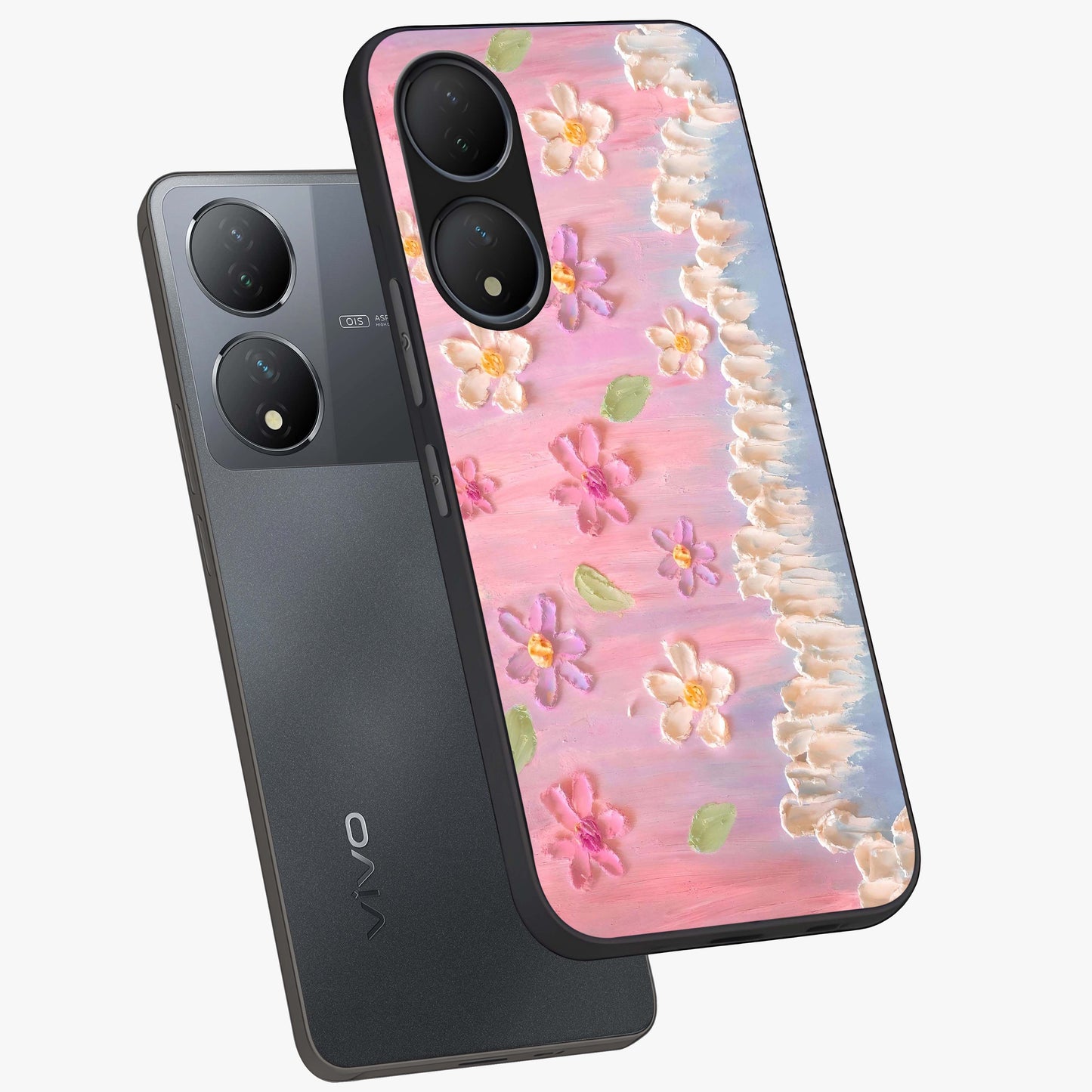 Dreamy Painted Garden Glass Case displayed in angled mockup highlighting colorful garden illustration with dreamy aesthetic style.