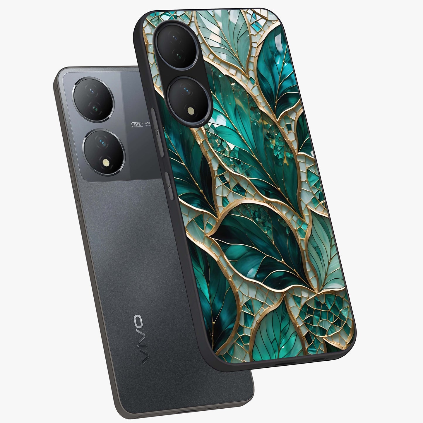 Emerald Leaf Glass Glass Case displayed in angled mockup highlighting botanical leaf illustration with elegant natural aesthetic.