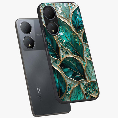 Emerald Leaf Glass Glass Case displayed in angled mockup highlighting botanical leaf illustration with elegant natural aesthetic.