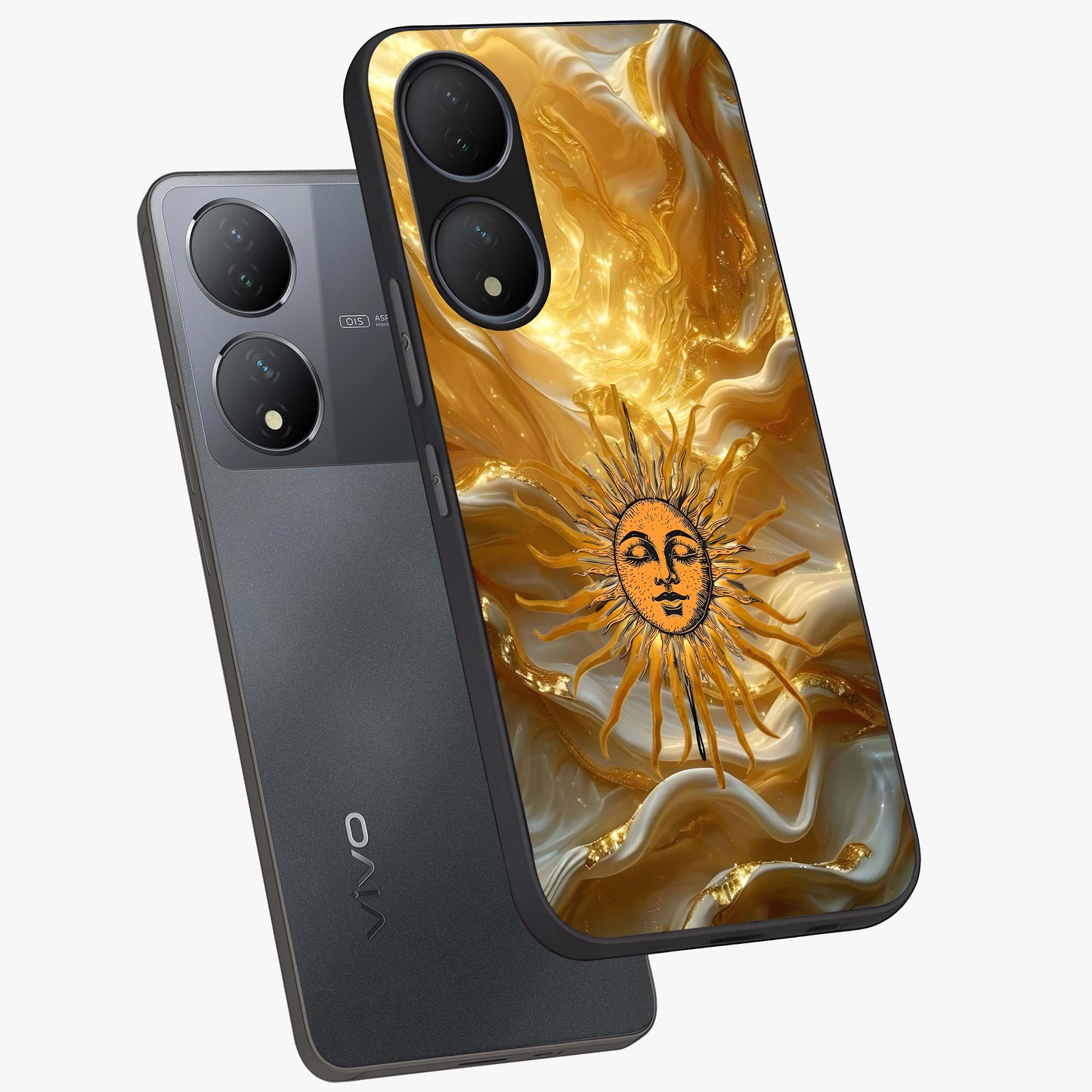Eternal Golden Glow Glass Case displayed in angled mockup highlighting glowing golden aesthetic design with elegant style.