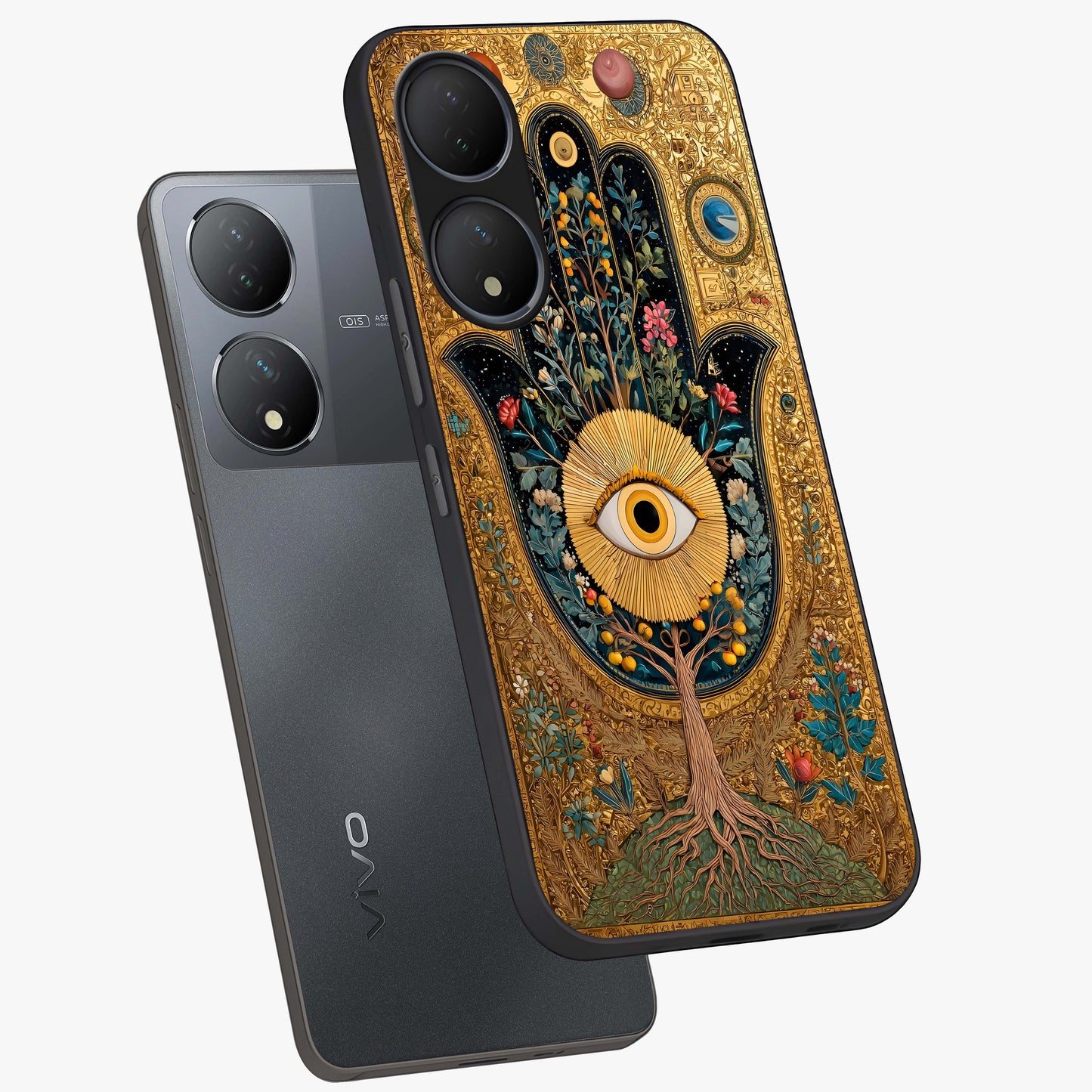 Ethereal Evil Eye Glass Case displayed in angled mockup highlighting protective evil eye symbol with spiritual aesthetic design.