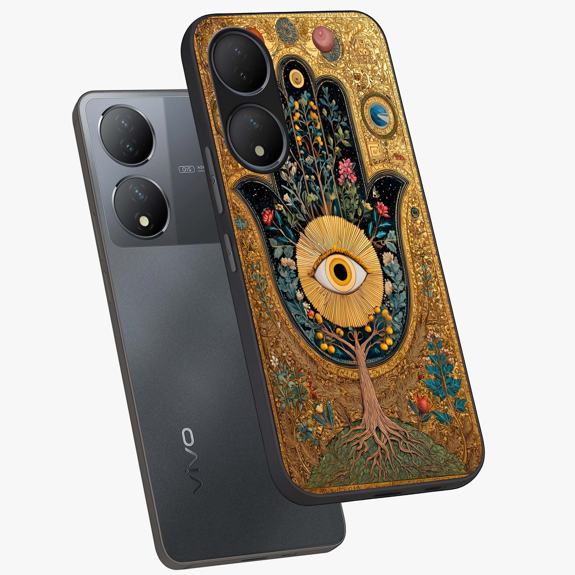 Ethereal Evil Eye Glass Case displayed in angled mockup highlighting protective evil eye symbol with spiritual aesthetic design.