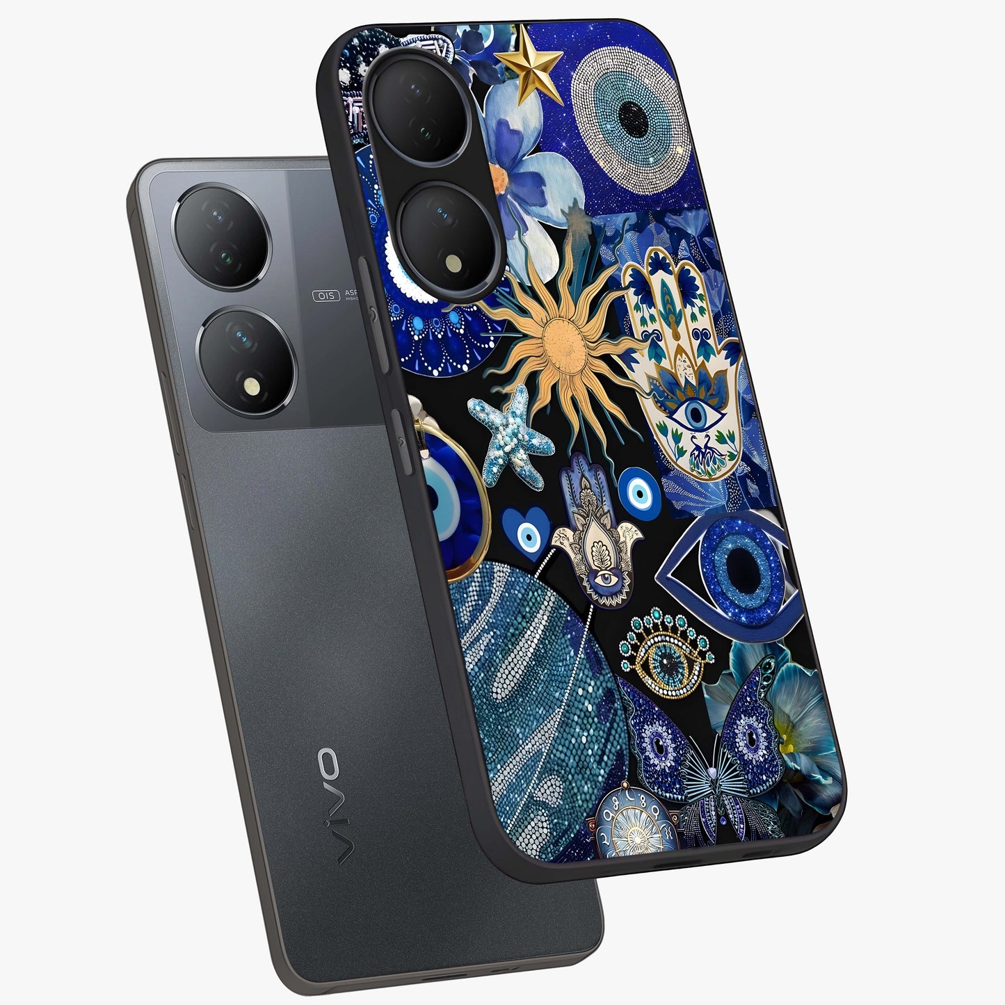 Evil Eye Charm Mix Glass Case displayed in angled mockup highlighting protective evil eye symbols with spiritual aesthetic design.