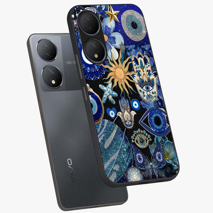 Evil Eye Charm Mix Glass Case displayed in angled mockup highlighting protective evil eye symbols with spiritual aesthetic design.