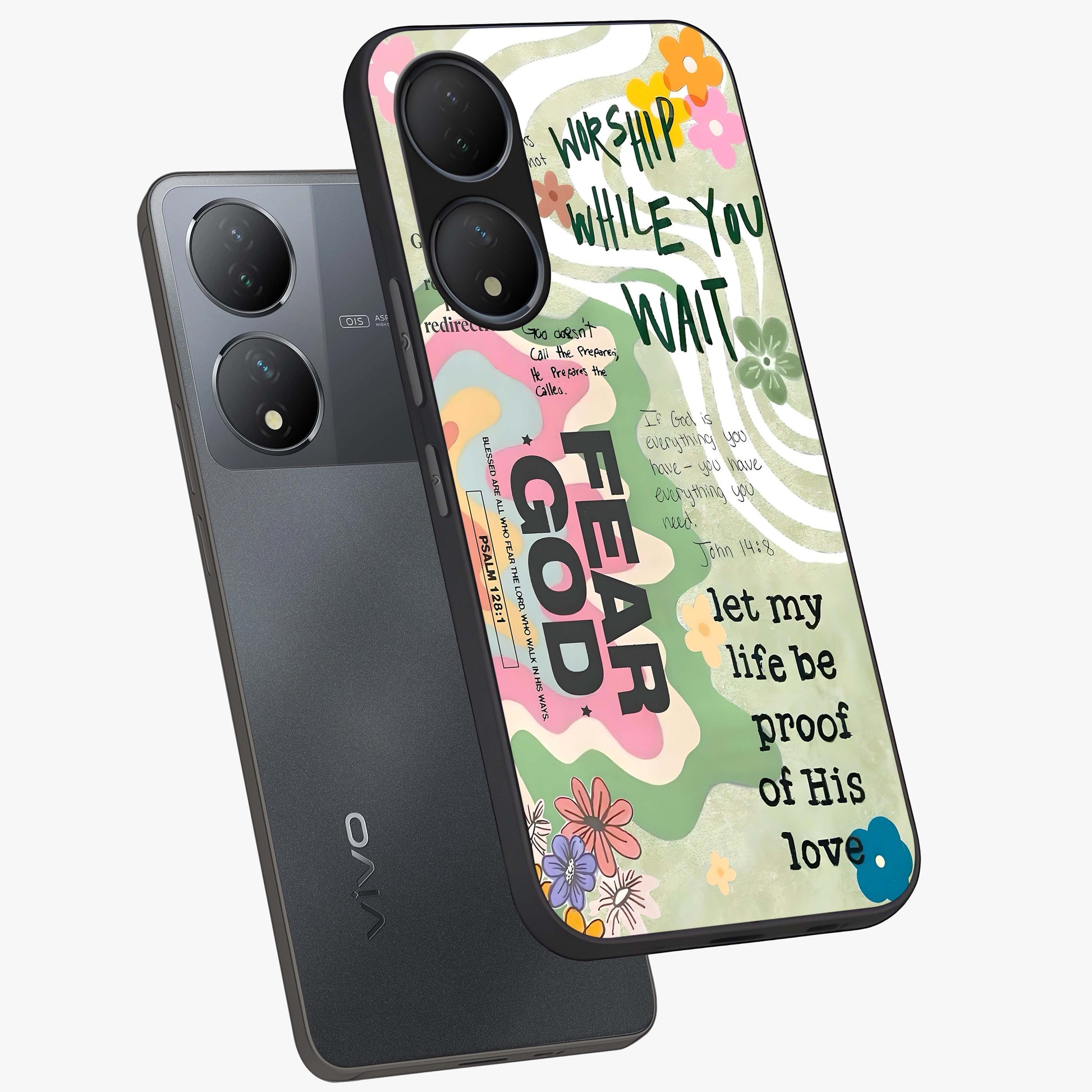 Faith Over Fear Glass Case displayed in angled mockup highlighting inspirational message design with modern aesthetic style.