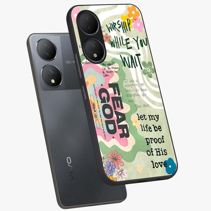 Faith Over Fear Glass Case displayed in angled mockup highlighting inspirational message design with modern aesthetic style.
