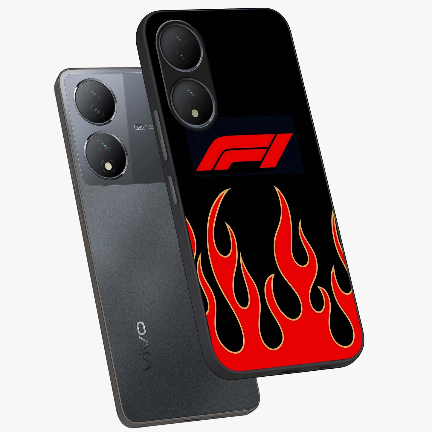 Fire F11 Glass Case displayed in angled mockup highlighting bold fire inspired graphic with energetic aesthetic style.