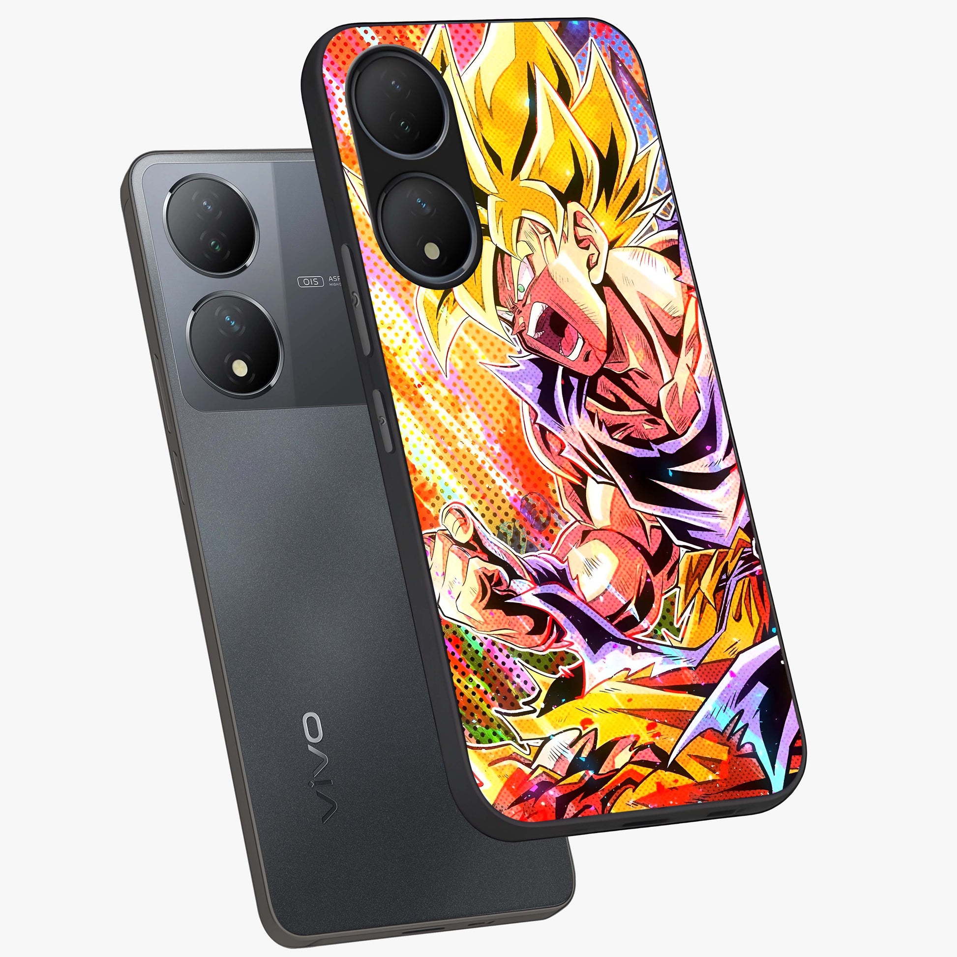 Firing Goku Glass Case displayed in angled mockup highlighting dynamic anime character design with action aesthetic.