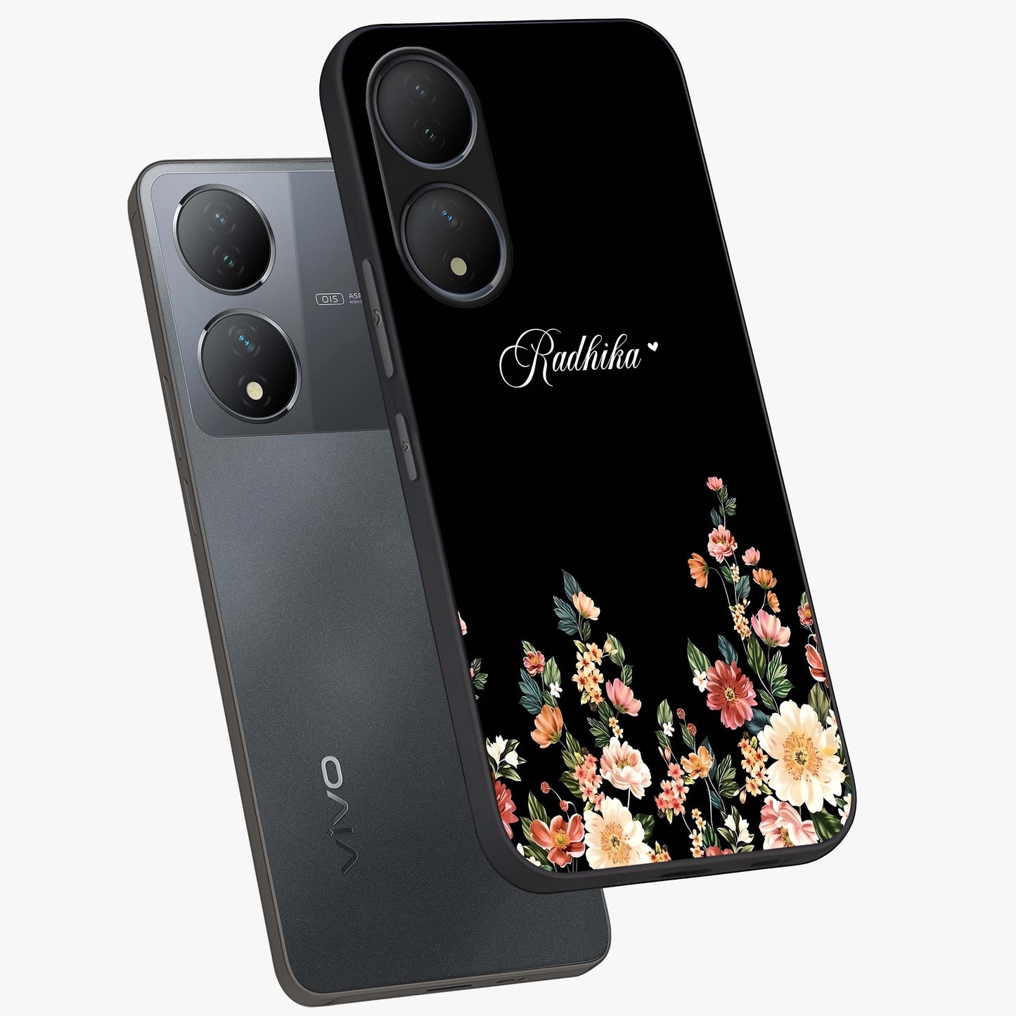 Floral Design With a Custom Personalized Name Glass Case displayed in angled mockup highlighting elegant floral pattern with custom name feature.