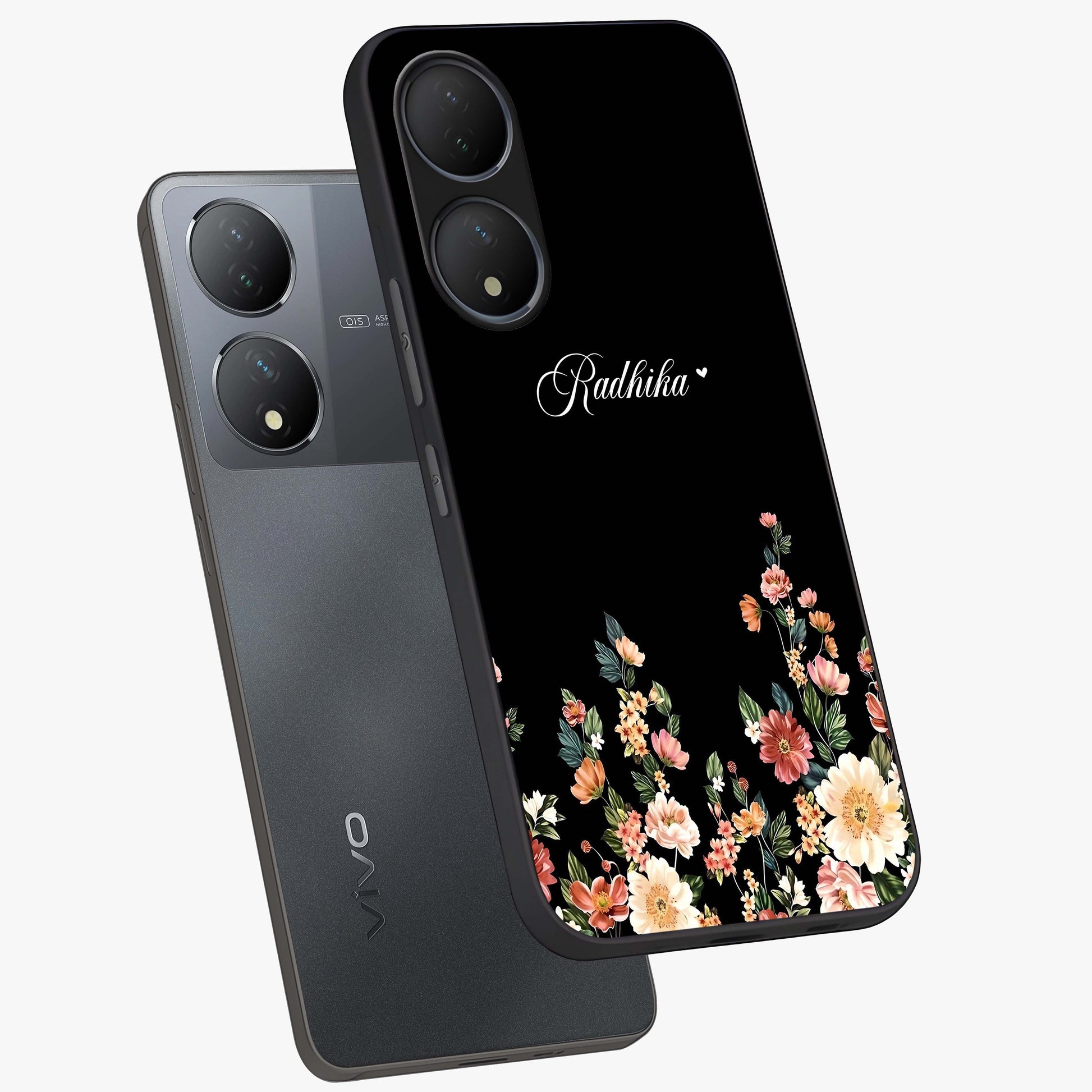 Floral Design With a Custom Personalized Name Glass Case displayed in angled mockup highlighting elegant floral pattern with custom name feature.