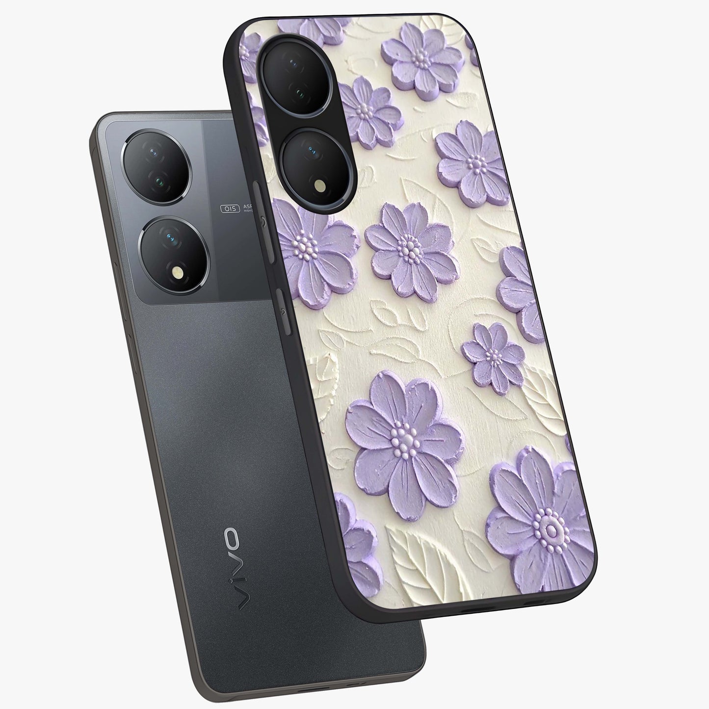 Floral Wall Art With Purple Flowers Glass Case displayed in angled mockup highlighting vibrant purple floral illustration with artistic aesthetic.
