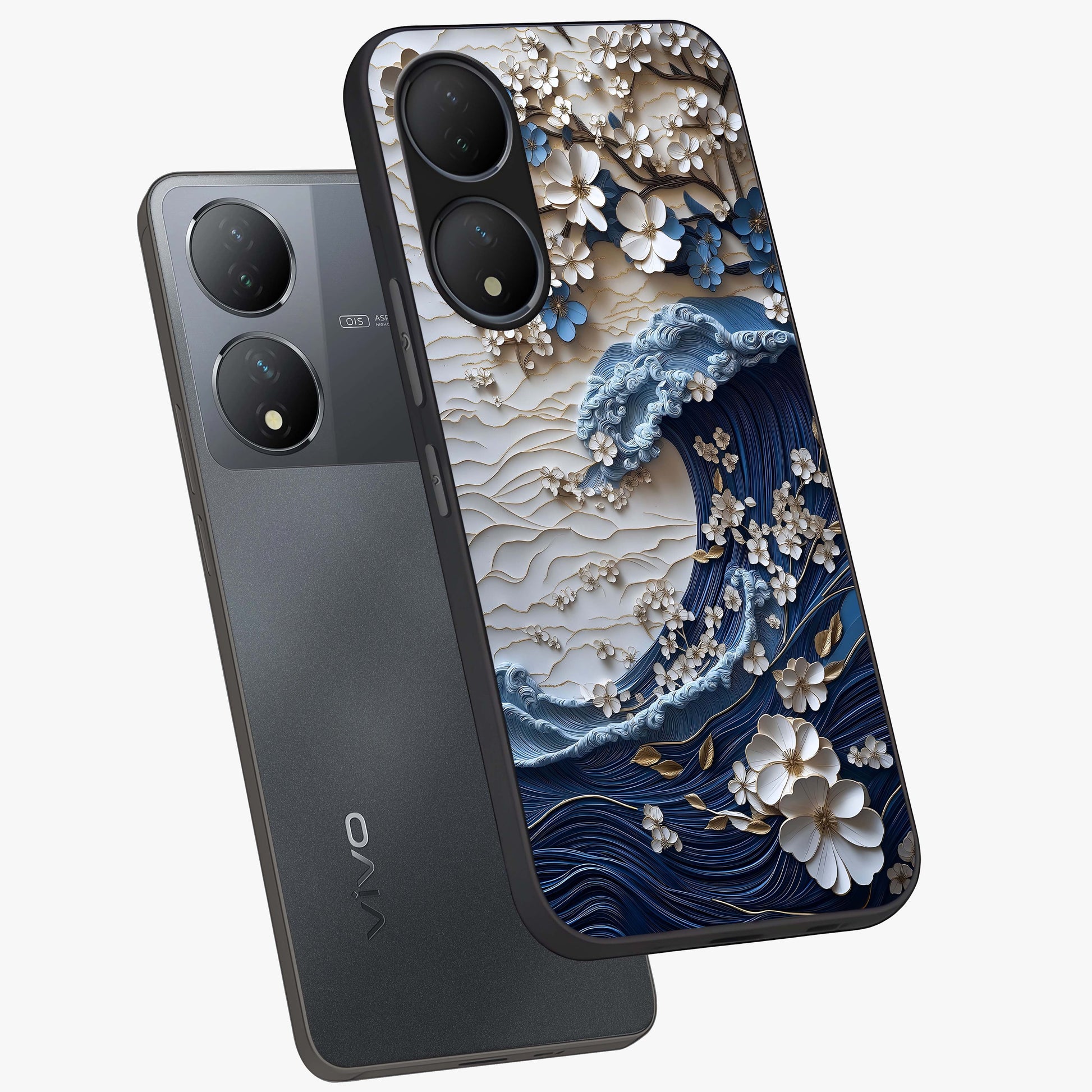 Floral Wave Origami Glass Case displayed in angled mockup highlighting geometric origami flower design with modern aesthetic style.