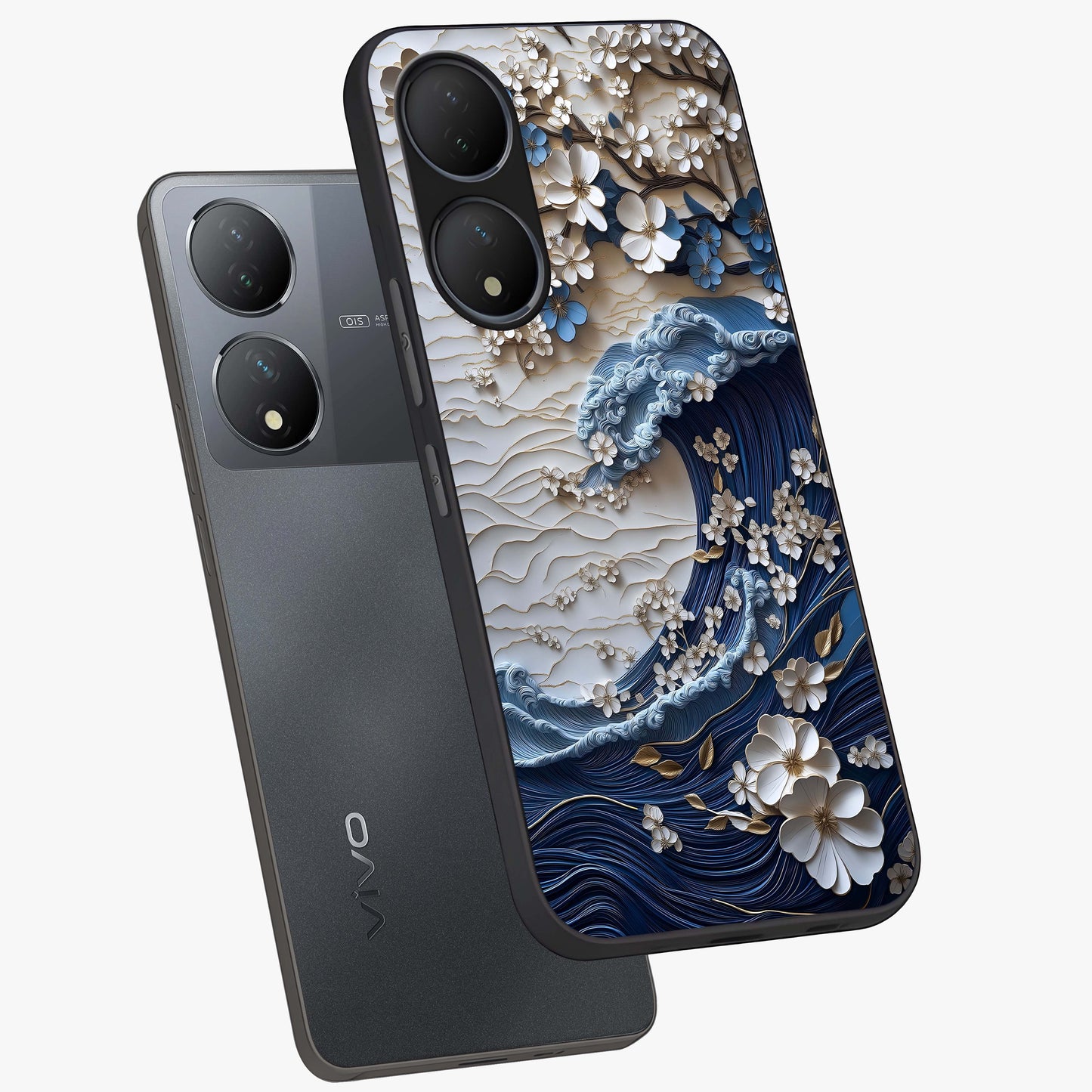 Floral Wave Origami Glass Case displayed in angled mockup highlighting geometric origami flower design with modern aesthetic style.