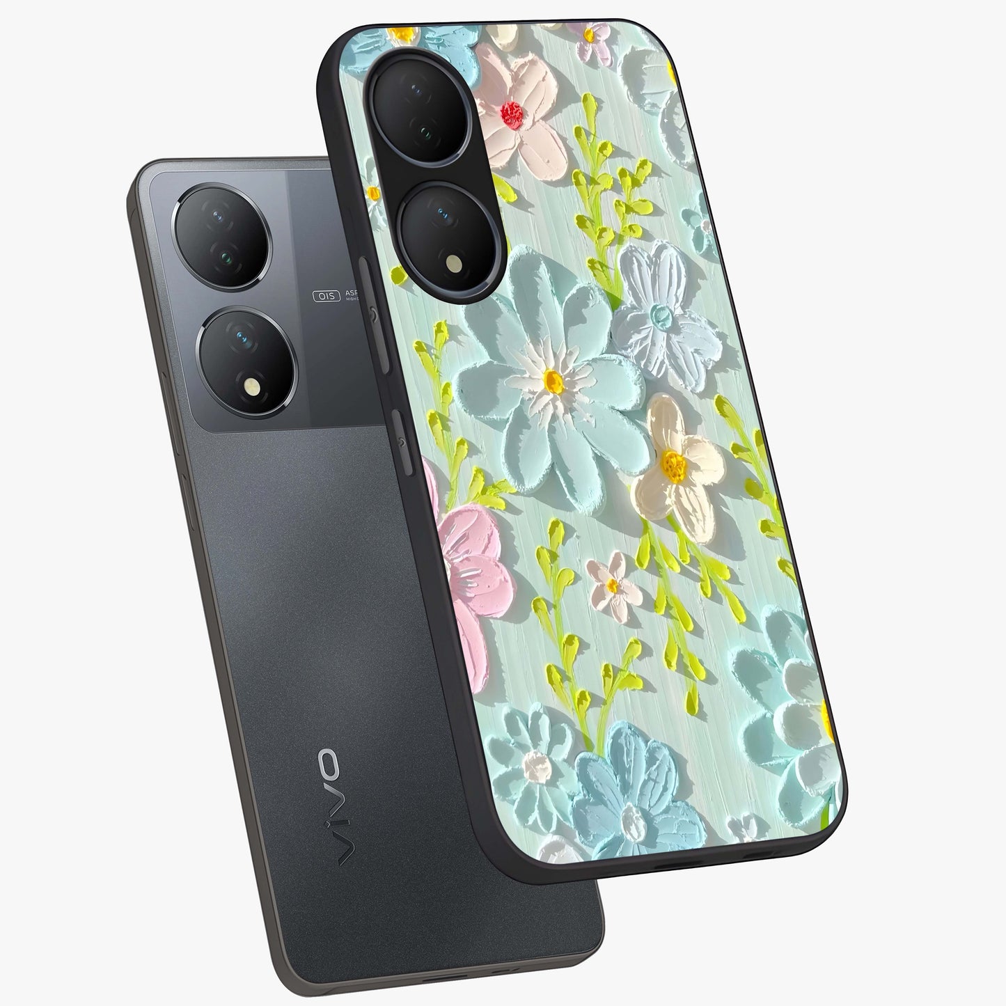 Frosted Petal Garden Glass Case displayed in angled mockup highlighting delicate flower petal design with calm garden aesthetic.