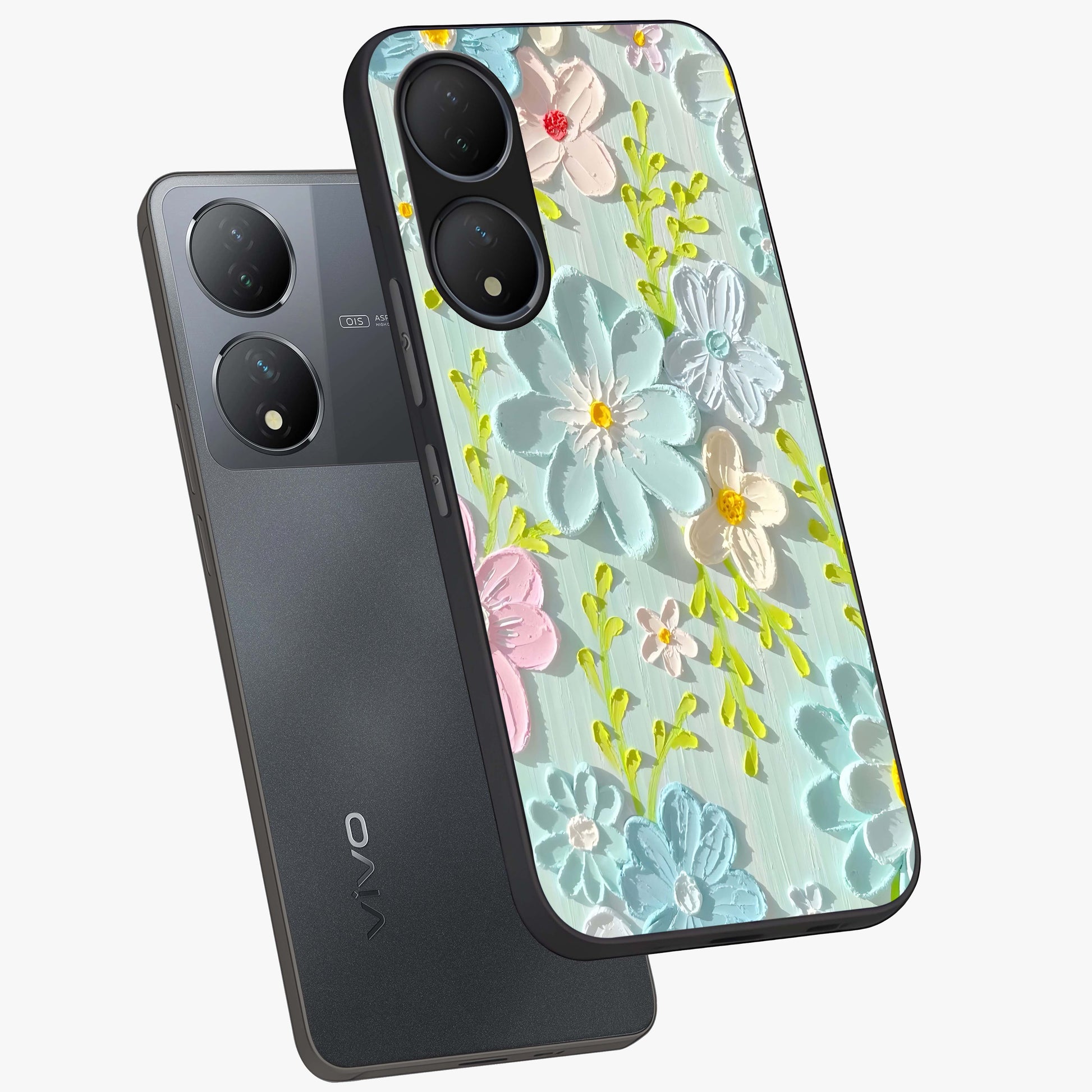 Frosted Petal Garden Glass Case displayed in angled mockup highlighting delicate flower petal design with calm garden aesthetic.