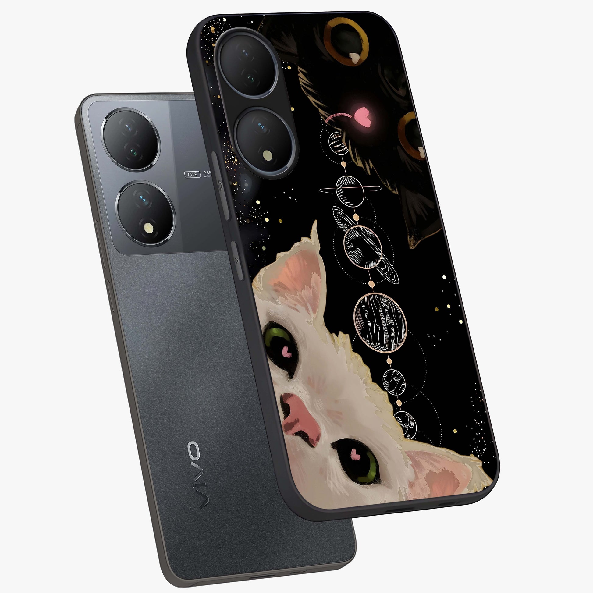 Galactic Cat Glass Case displayed in angled mockup highlighting celestial feline illustration with galaxy aesthetic style.
