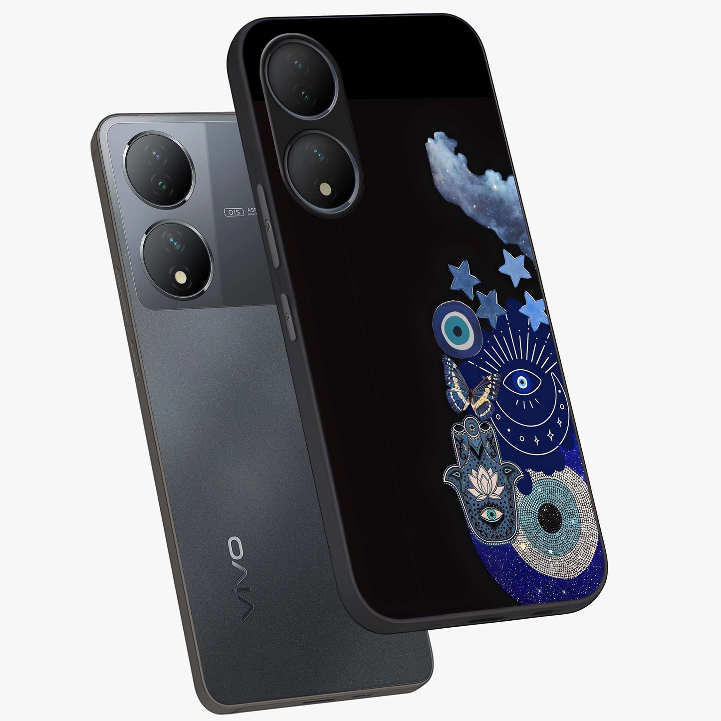 Galactic Charm Cluster Glass Case displayed in angled mockup highlighting luminous galaxy inspired design with dreamy aesthetic.