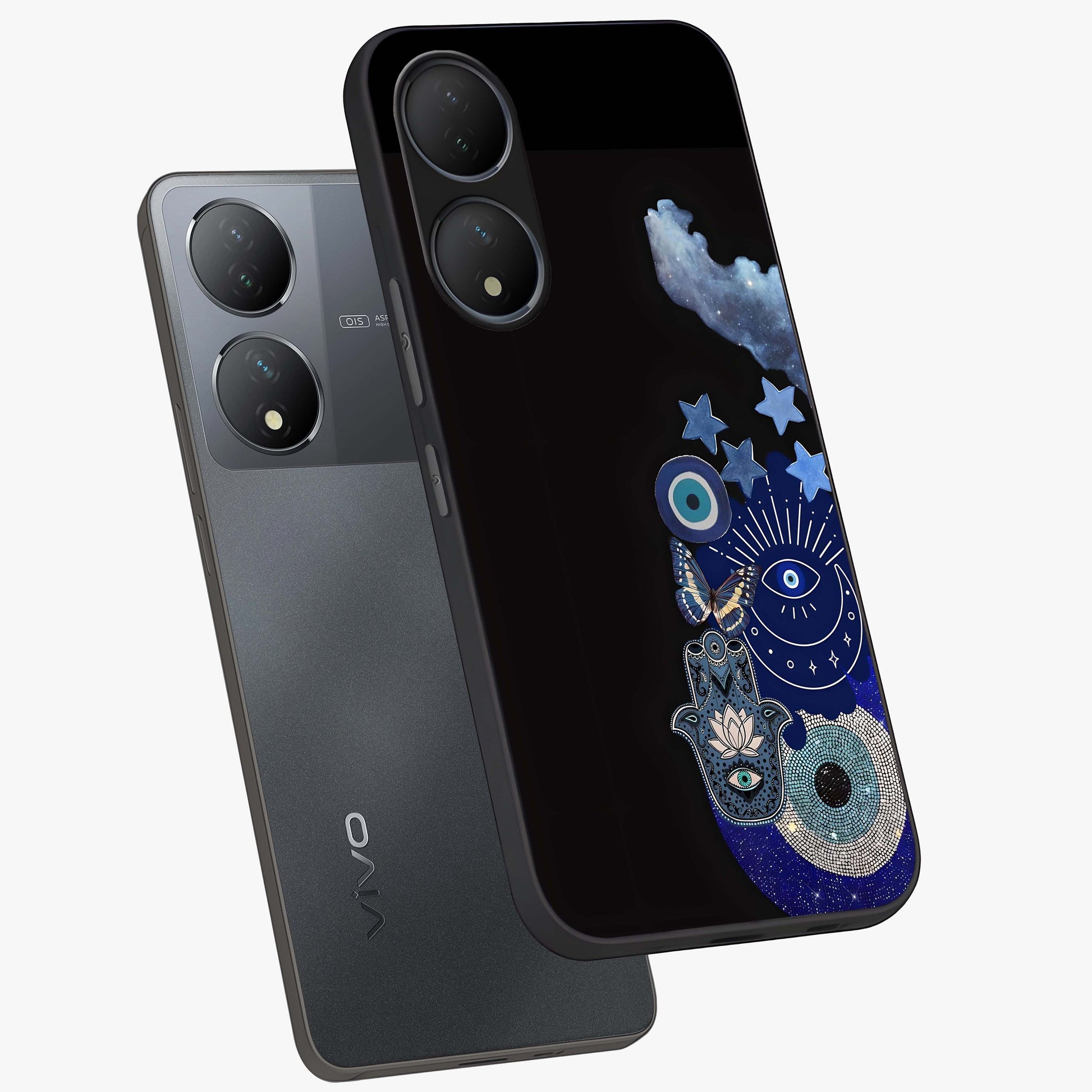 Galactic Charm Cluster Glass Case displayed in angled mockup highlighting luminous galaxy inspired design with dreamy aesthetic.