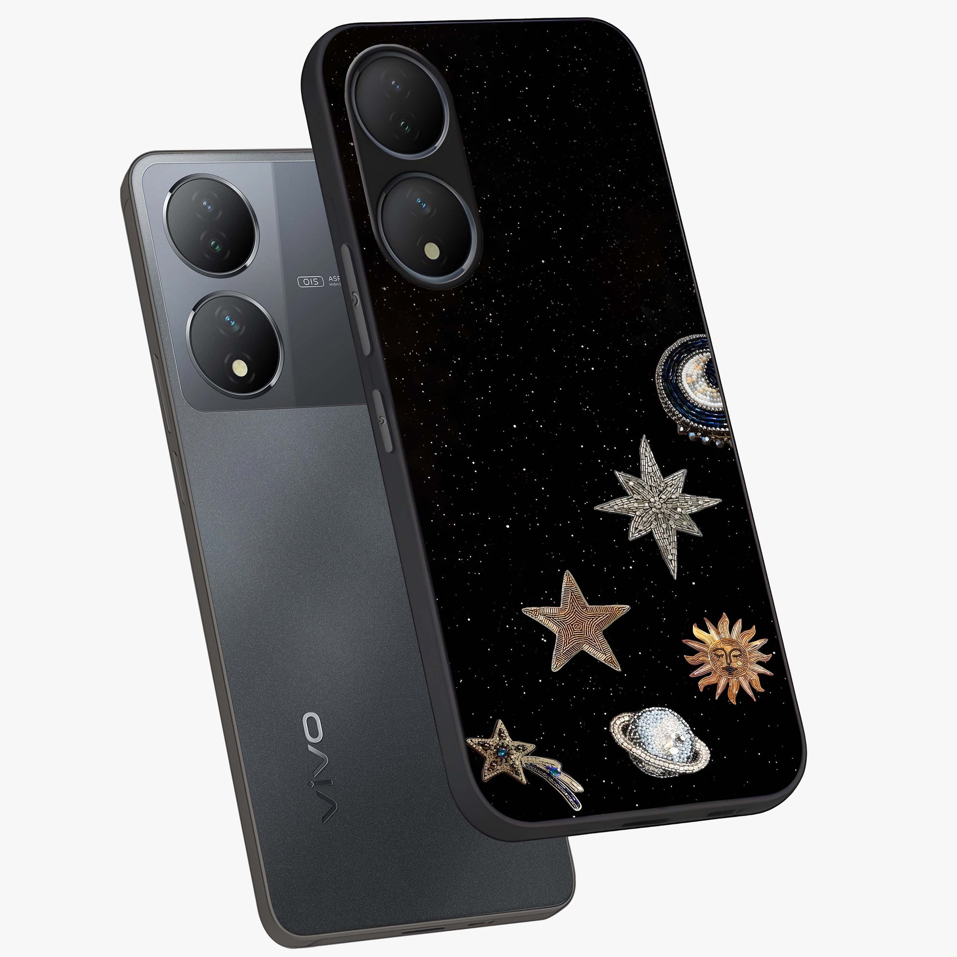 Galactic Charm Glow Glass Case displayed in angled mockup highlighting luminous galaxy inspired design with dreamy aesthetic.