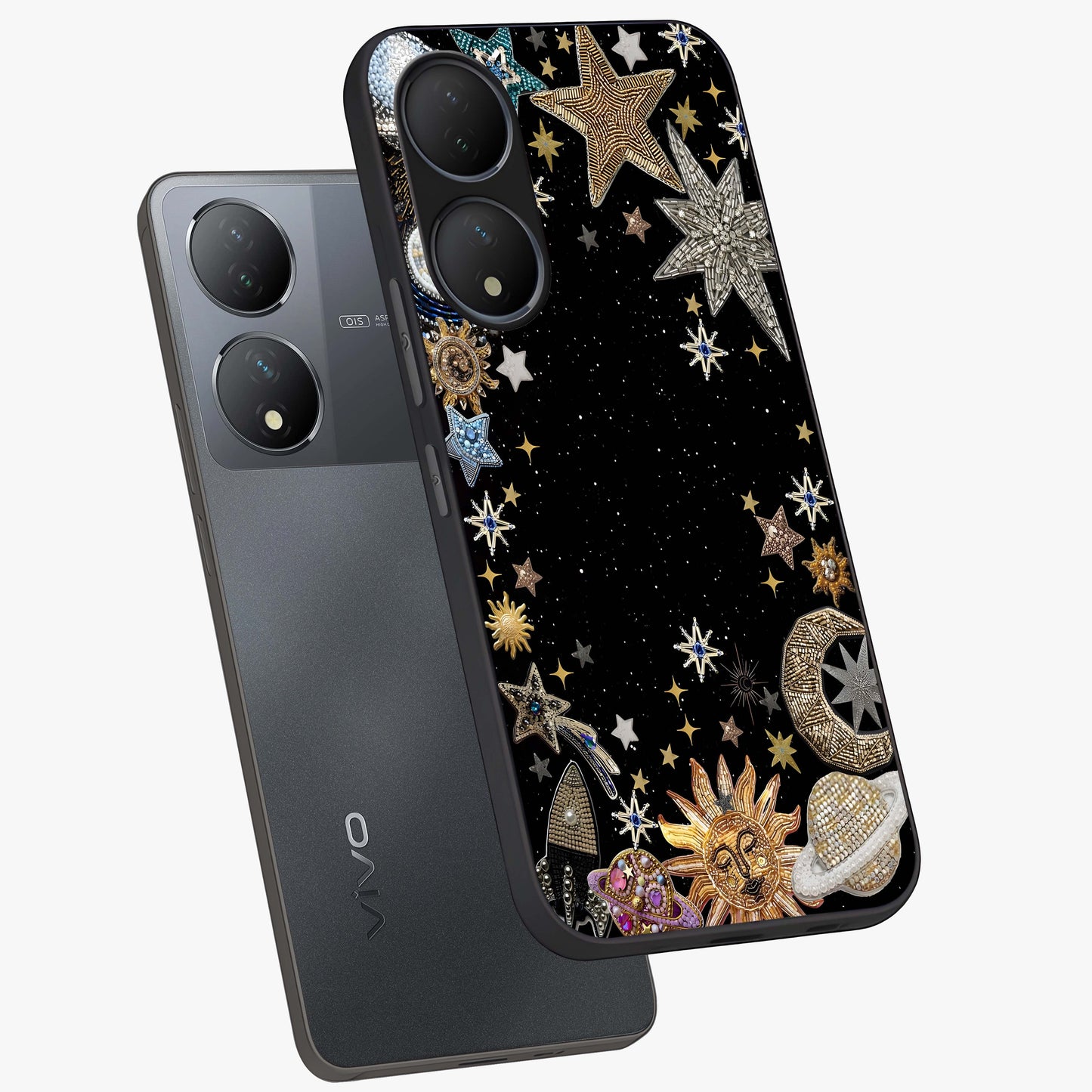 Galactic Jewel Stars Glass Case displayed in angled mockup highlighting shining celestial star design with cosmic aesthetic style.