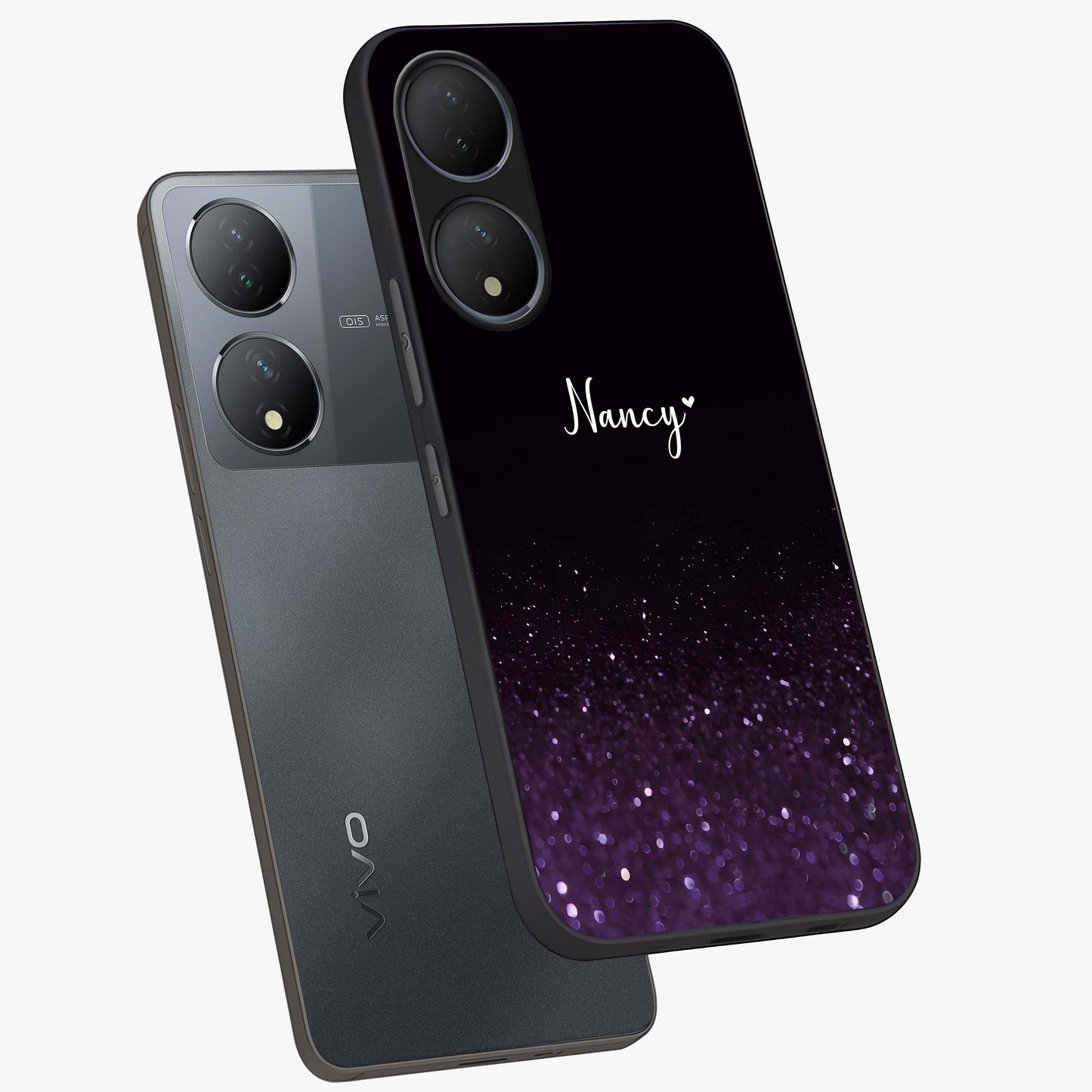 Glittery Purple Bokeh Custom Name Glass Case displayed in angled mockup highlighting glitter bokeh pattern with custom name feature.