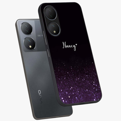 Glittery Purple Bokeh Custom Name Glass Case displayed in angled mockup highlighting glitter bokeh pattern with custom name feature.