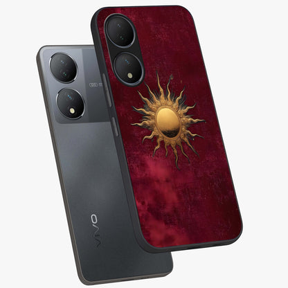 Golden Sun Minimalism Glass Case displayed in angled mockup highlighting clean sun symbol design with modern minimal aesthetic.