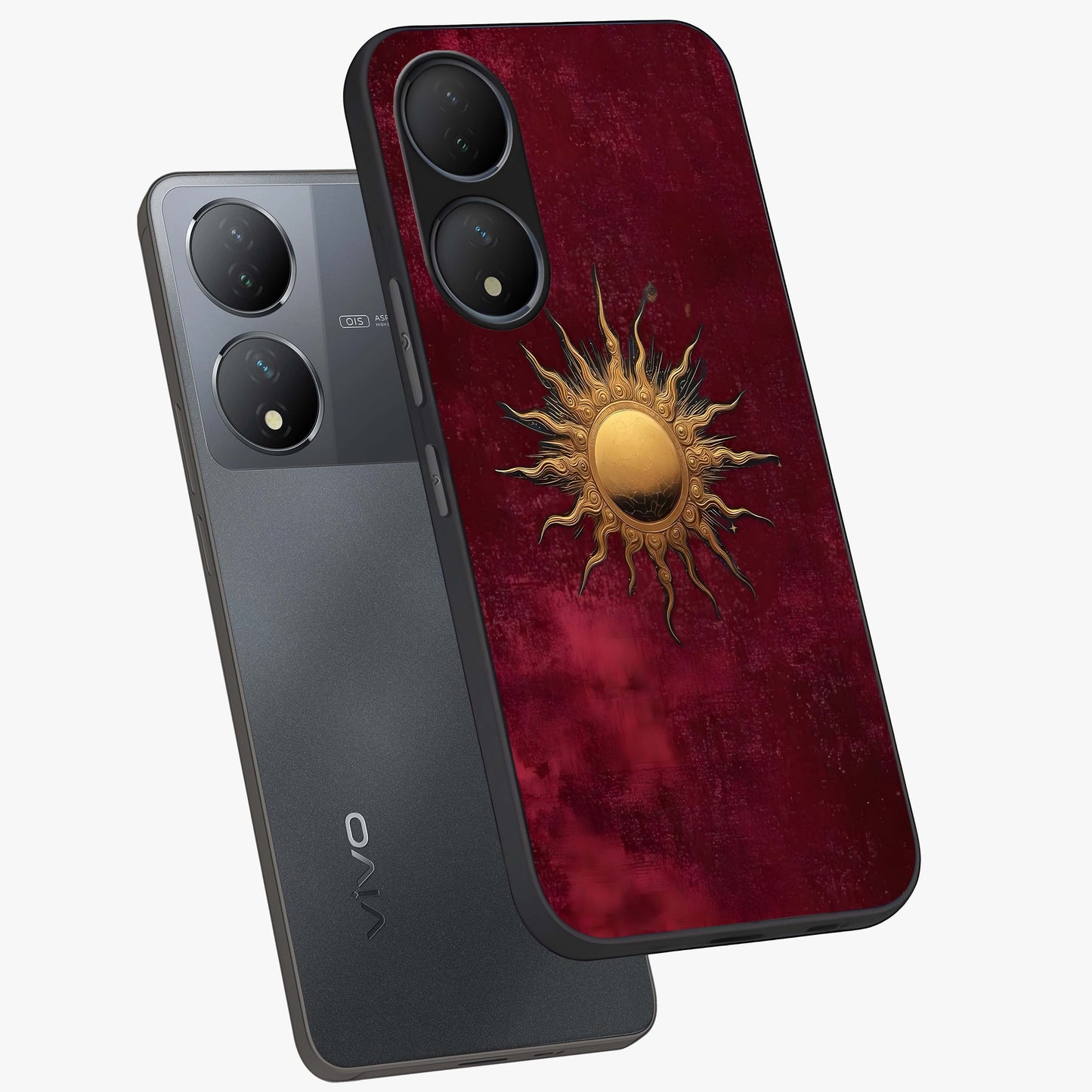 Golden Sun Minimalism Glass Case displayed in angled mockup highlighting clean sun symbol design with modern minimal aesthetic.