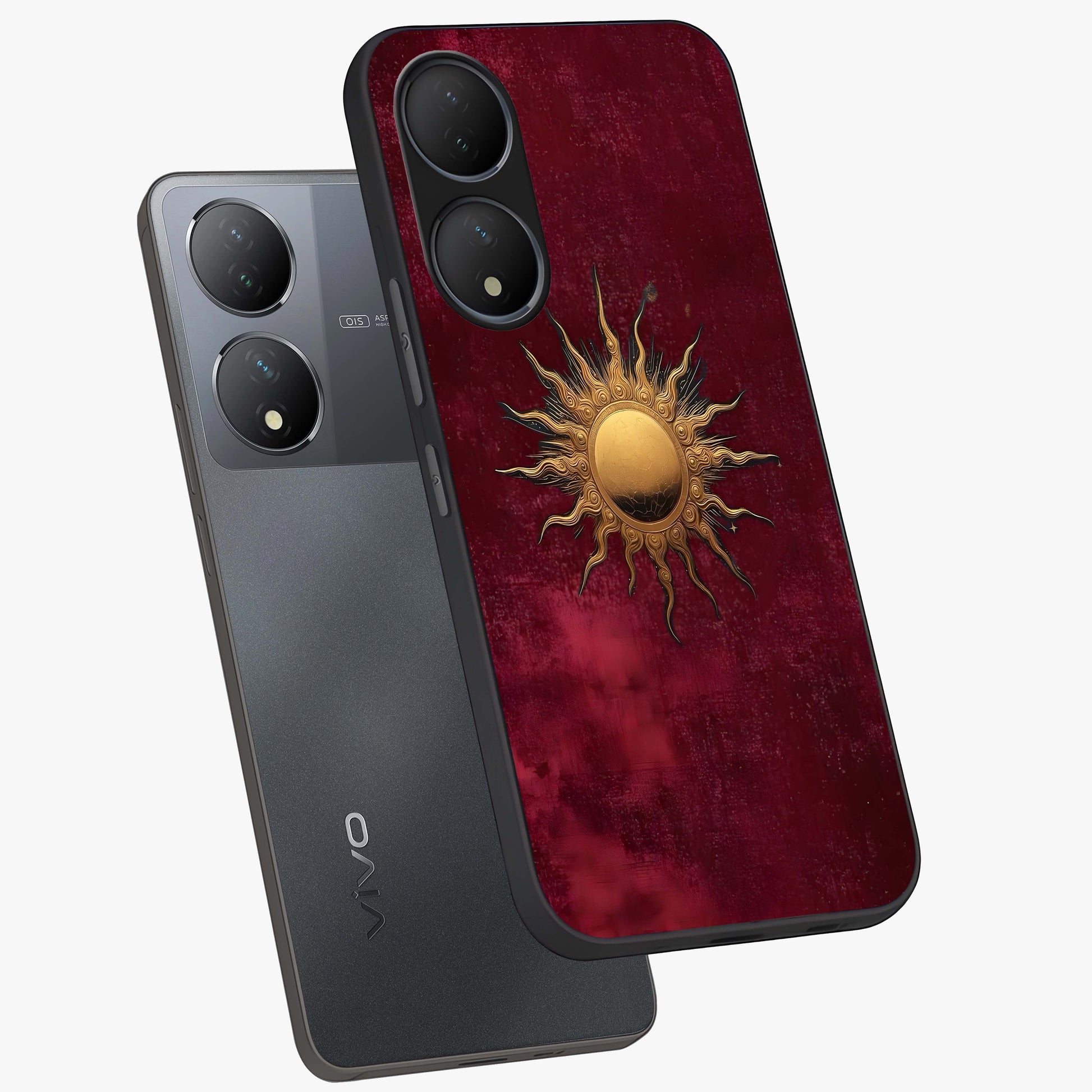 Golden Sun Minimalism Glass Case displayed in angled mockup highlighting clean sun symbol design with modern minimal aesthetic.