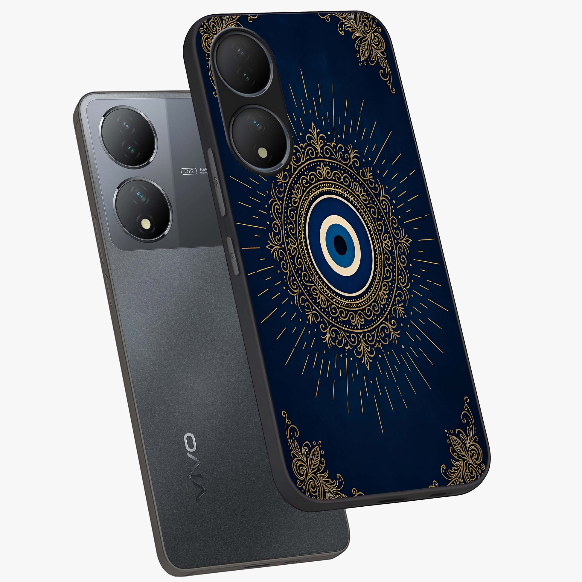 Golden Celestial Charm Glass Case displayed in angled mockup highlighting sparkling cosmic charm design with celestial aesthetic.