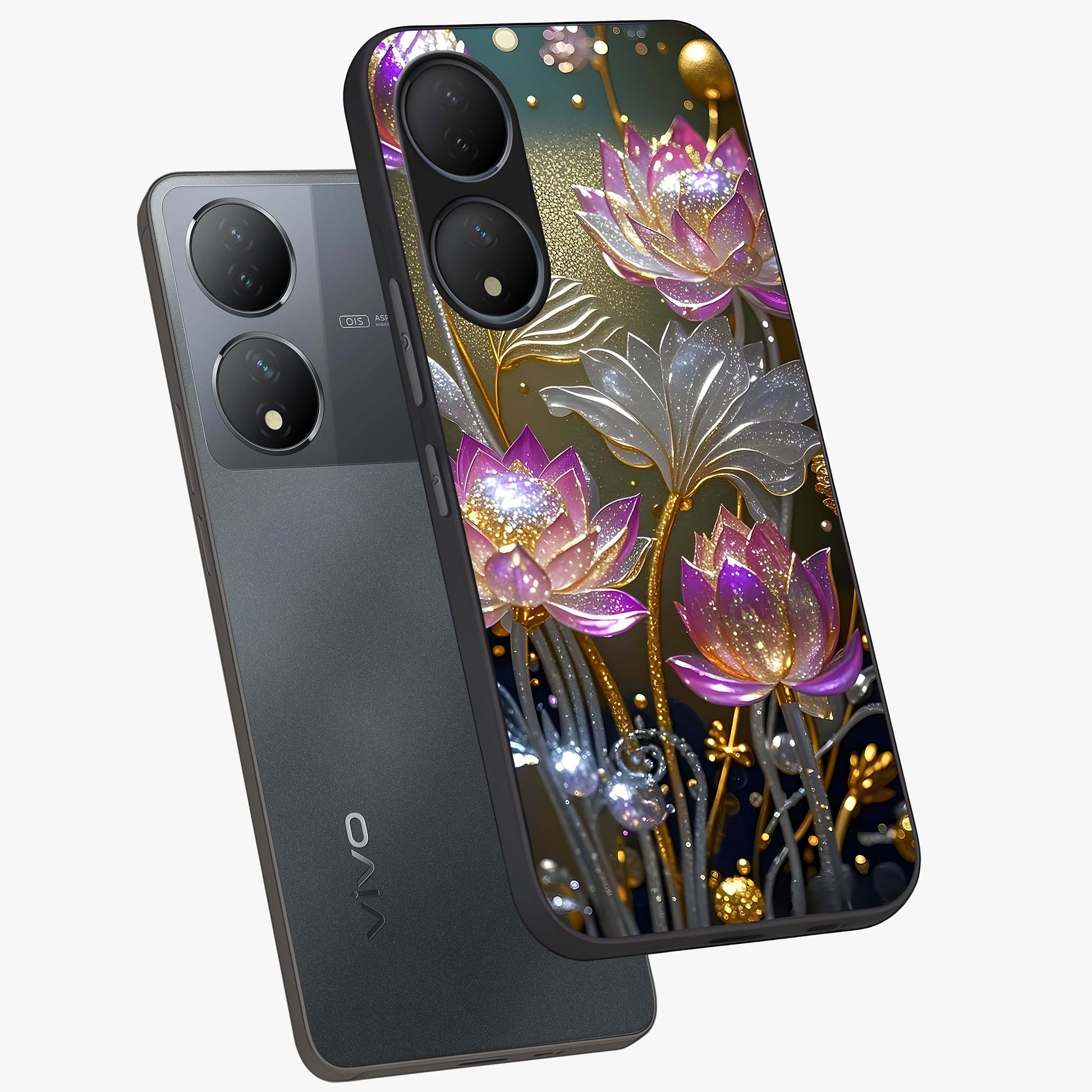 Golden Floral Majesty Glass Case displayed in angled mockup highlighting elegant flower design with royal golden aesthetic.