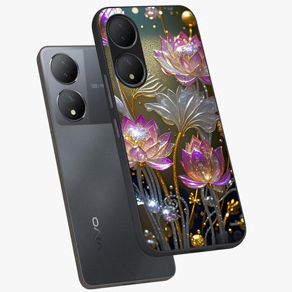 Golden Floral Majesty Glass Case displayed in angled mockup highlighting elegant flower design with royal golden aesthetic.