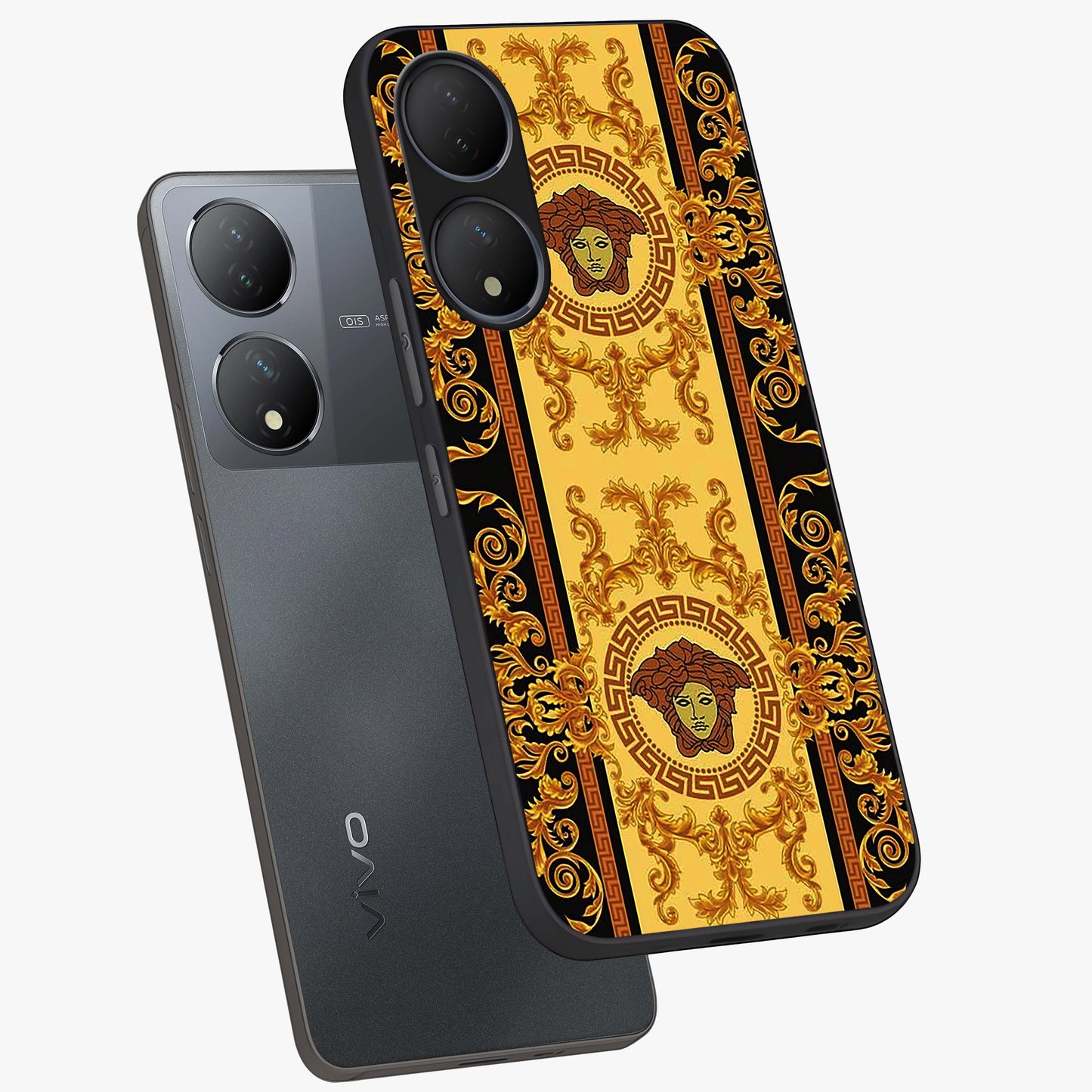 Golden Lotus Glow Glass Case displayed in angled mockup highlighting radiant lotus illustration with spiritual aesthetic.