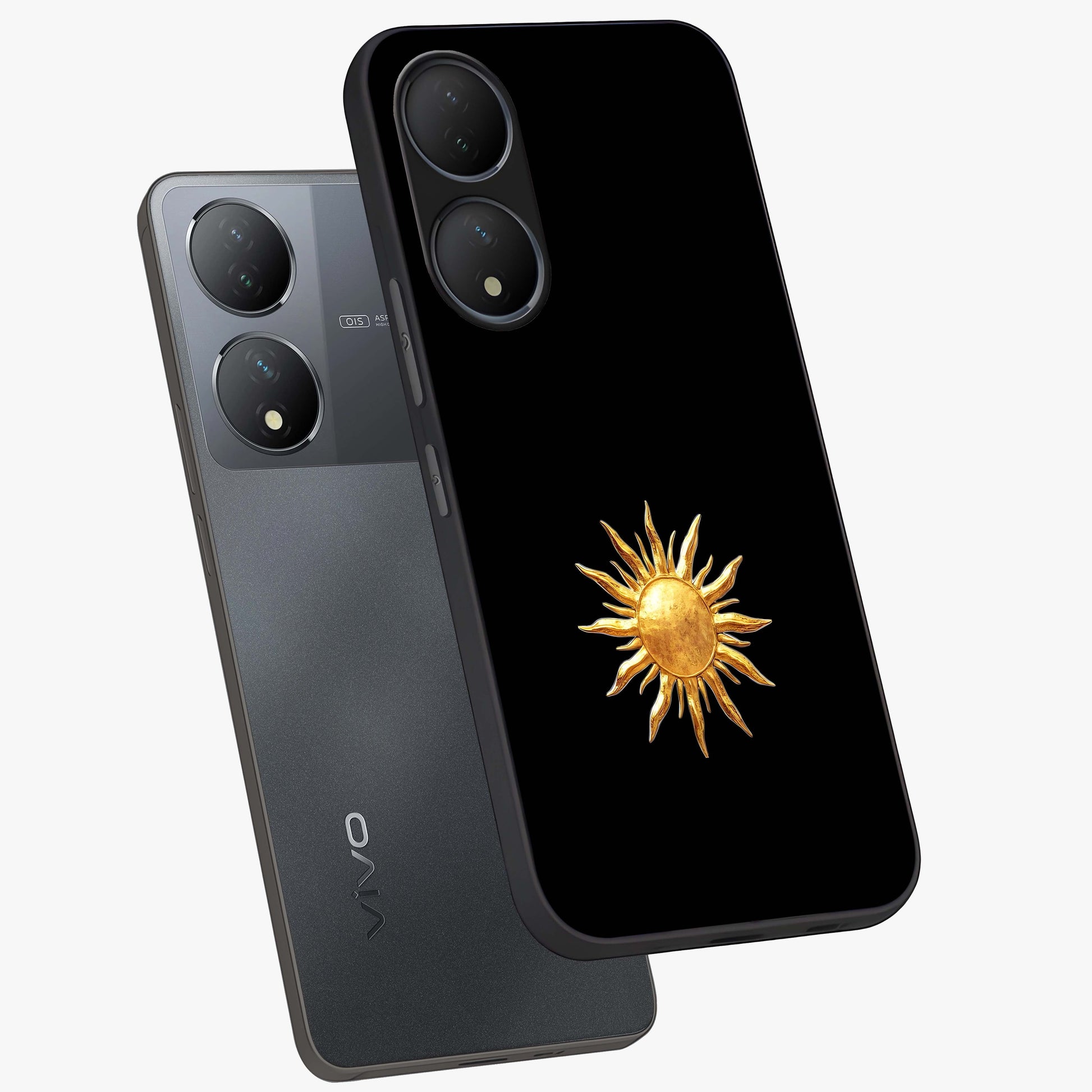 Golden Sun Minimalism Glass Case displayed in angled mockup highlighting eerie shadow illustration with gothic aesthetic.